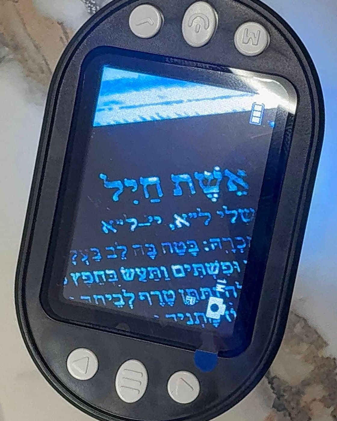 מסך של מיקרוסקופ שמציג את הברכה החרוטה על השבב: אשת חיל, עם ניקוד